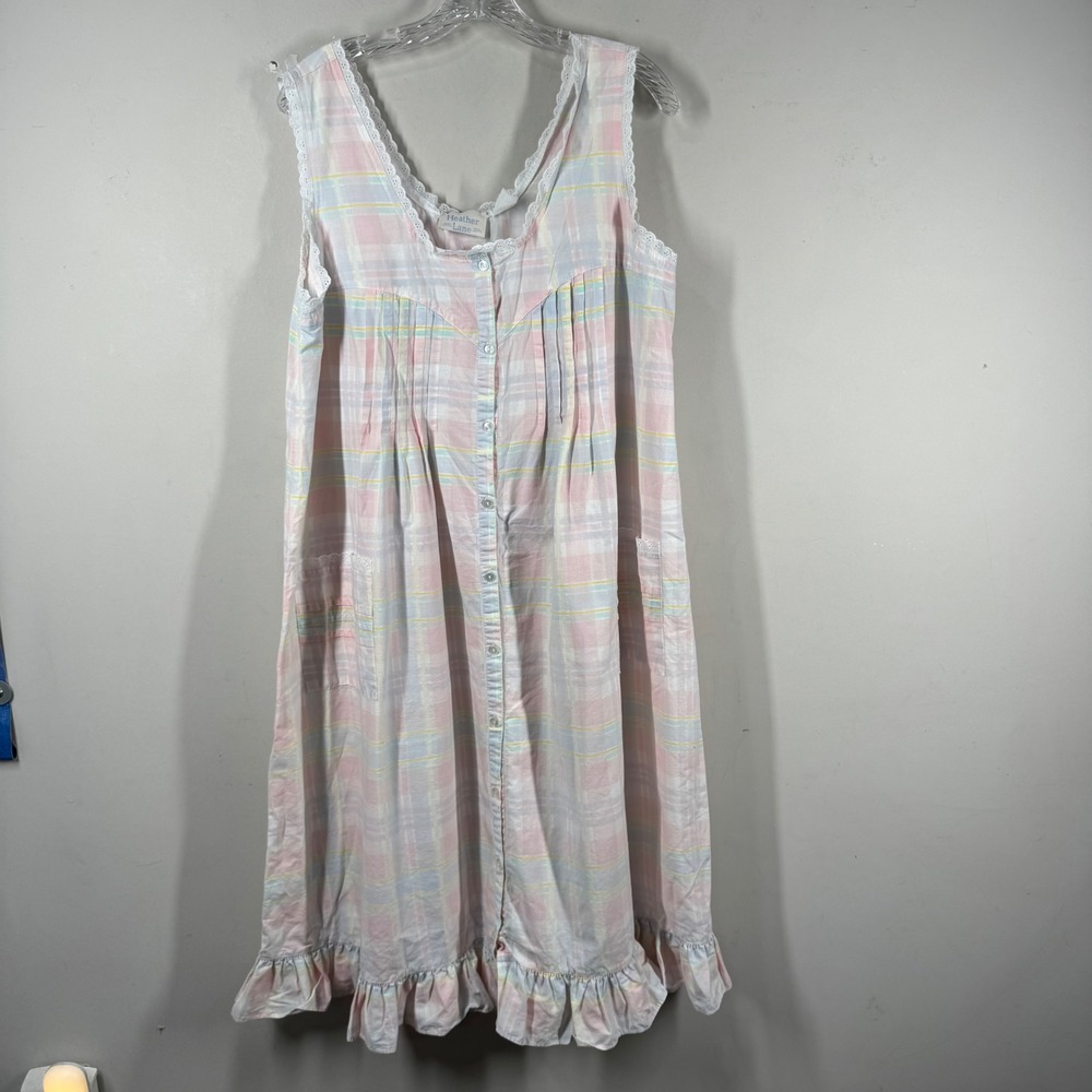 Heather Lane Pastel Plaid Nightgown Sleeveless Lace Trim Button Front Sz L Dress
